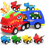 Camion Dinosaure Jouet pour Enfant de 1 2 3 4 5 Ans, ENJSD 5 en 1 T-Rex Camion Transporteur Voiture avec Lumières et Sons, Jeux pour Garcon Fille 1 à 3 Ans, Cadeau Noel Enfant de 2-3 Ans(Rouge)