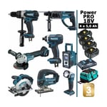 Makita - Pack Power pro 8 outils 18V: DDF458 DHR202 DGA504 DTD152 DJV180 DSS610 DMR107 Lampe DEADML805 4 batt 5Ah 5 Coffrets