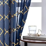 Kotile Navy Blue Sheer Curtains-84 Inch Length - Metallic Gold Foil Moroccan Tile Print Curtains Privacy Protect Window Treatment Navy Drapes for Living Room, 52 x 84 Inches, 2 Panels, Navy and Gold