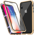 iPhone X / XS -magneettinen kuori, jossa karkaistu lasinen näytönsuoja - kulta