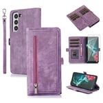 Asuwish Phone Case for Samsung Galaxy S21 FE 5G Wallet Cover With Tempered Glass Screen Protector Flip Zipper Credit Card Holder Stand Cell S 21 EF S21FE5G UW S21FE 21S G5 6.4 inch Women Men Purple