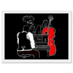 Wee Blue Coo Musicians Jazz Piano Illustration Red Bass Bar Music Artwork Framed Wall Art Print A4