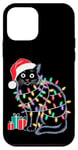 iPhone 12 mini Black Cat Wrapped in Christmas Lights Funny Santa Hat Case