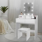 ML-Design Coiffeuse avec Éclairage LED et Tabouret, Blanc, 80x40x140 cm, avec Miroir, 2 Tiroirs, 2 Compartiments de Rangement Ouverts, et MDF, Table