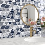 Credence Adhesive pour Cuisine Bleu et Blanc Hexagone Carrelage Adhesif Mural Salle de Bain Bleu Marine 3D 30x30 Dalle PVC Adhesive Murale WC Geometrique Crédence Adhésive Cuisine,4 Dalles(Q1000)