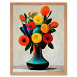 Midcentury Style Bright Floral Bouquet Flowers Painting Orange Yellow Red Turquoise Art Print Framed Poster Wall Decor 12x16 inch