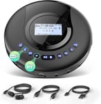 Lecteur CD Portable Discman Radio Dab+/FM CD, CD-R/RW, Lecteur CD Bluetooth avec Fonction Livre Audio Antichoc Batterie intégrée 2000 mAh Noir