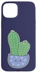 Coque pour iPhone 15 Plus Cactus Kawaii en pot pour les amateurs de plantes succulentes bleu nuit