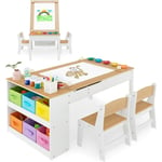 2 en 1 Table à Dessin et 2 Chaises Enfants avec Plateau Inclinable, Table d'Activité en Bois avec 6 Boîtes de Rangement & Rouleau de Papier, Charge