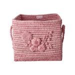 Rice - Raffia Square Basket with Flower Embroidery - Pink