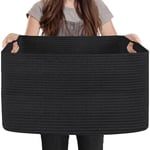 MEGASKET Extra Large Rectangle Storage Basket, 23.6" x 15.7" x 14.1" Black Blanket Basket Storage for Living Room, Large Soft Woven Cotton Rope Basket, Kids Toy Baskets Organizer Bins, Wicker Basket