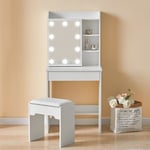 Clipop - Coiffeuse d'angle led blanche avec tiroirs, 1 miroir coulissant, étagères et tabouret, meubles de chambre à coucher