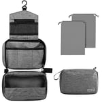 Larkumio Trousse de Toilette Homme Femme Voyage, Trousses Toilette Grande Capacité à Suspendre avec Crochet et Poignée, 1 Trousse de Toilette + 2 Sac à Cordon, Gris