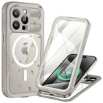 Lanhiem Coque pour iPhone 15 Pro Max Étanche, IP68 Imperméable 360 Antipoussière Anti-Neige Resistante Waterproof [Compatible avec MagSafe] Protection Etui pour iPhone 15 Pro Max, Titane Naturel