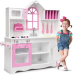 GOPLUS Cuisine en Bois Enfant, Jouet de Cuisine avec Four, Micro-Ondes et Cuisinière à Gaz, Ensemble de Jeu de Cuisine avec Accessoires Riches, Cadeau pour 3+ Ans, 106,5x32x109CM, Blanc et Rose