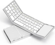 Clavier Bluetooth pliable avec pav? tactile, clavier sans fil pliable rechargeable avec trackpad pour smartphone, tablette, ordinateur portable, PC/Windows, Android, iOS, Mac DE QWERTZ, blanc