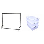 The Shopfitting Shop Heavy Duty Clothes Rail Garment Rail 6ft Long x 5ft High Metal Storage Hanging Rack & Really Useful Nestable Plastic Storage Box 43 Litre Clear (Pack of 3)