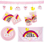 Boland- Baby Girl 10203213B – Kit bébé Fille, Drapeau, Assiettes, gobelets, Serviettes, Guirlande, fête prénatale, Vaisselle jetable, décoration, 10203213, Rose