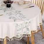 Rund bordsduk 140 cm i linne & bomull fläckbeständig tvättbar beige bordsduk med broderade gröna blad, tofsar för födelsedag, bröllop, matsal