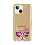 Coque pour Iphone 13 paillettes dore chat lunettes