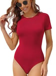 CHANGMU Women's Bodysuits Short Sleeve Tops Ladies Crew Neck Leotard Body Suits T-Shirts, Red, Large