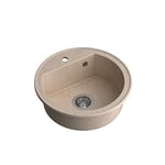 QUADRON Evier rond cuisine | Taille 51 x 51 x 18 cm, Diamètre Ø 43, Beige & Acier | JOHNNY 210 Granit Evier en granit | Evier encastré avec trou pour robinet | Evier monocuve cuisine