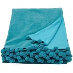 Ragged Rose 140 cm x 180 cm Throw Blanket - Pom Pom Throw Made of Cotton Velvet with Pompom Trims on Sides - Versatile Cotton Velvet Blanket for Sofa & Bed