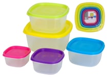 Clear Plastic Containers Square Food Storage Boxes with Coloured Lids Set of 5