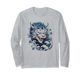 fierce anime blue asian dragon japanese flowers mythical art Long Sleeve T-Shirt