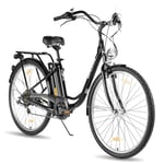 Hiland Vélo électrique 28 pouces 7 vitesses pour femmes et hommes, moteur de 250 W, vélo de ville électrique avec batterie 36 V 10,4 Ah, noir