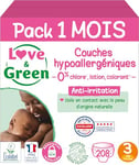 Love & Green - Couches Bébé Saines et Ecologiques - Taille 3 (4-9 Kg) - Pack 1 Mois (208 Couches) - Absorbante, anti-fuites et sans ingrédients indésirables - Certifiées Dermatest