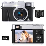 CAMKORY Appareil photo numérique 4K 48 MP avec carte 32 G, mise au point automatique, viseur optique 16X, appareil photo compact, avec 2 poches pour appareil photo sans fil, flash pour débutants,