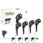 Xelloo® kit d’éclairage de Jardin ZEP, 12 Volts, 4 luminaires en Aluminium/PVC 1W LED Blanc Chaud avec Piquet de Terre et Connexion coulissante Pratique, IP44, Installation Facile et sûre