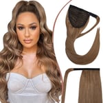 Elailite Queue de Cheval Naturel #6 CHATAIN CLAIR, 35cm Postiche Ponytail Extension Vrai Cheveux Humain Rajout Lisse 80g