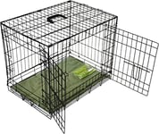 BUNNY BUSINESS UNDERDOG Metal Dog Crate/Cage – Pet Black Metal Folding Cage with 2 Doors Sliding Chew Resistant Plastic Base Tray with Bed Heavy Duty Puppy Training Solution (42" X-LGE, Black)