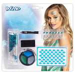 Boland 45067 - Set de maquillage sirène, 1 pochoir, 14 pierres scintillantes, 1 crayon de maquillage, 3 couleurs, 1 gel scintillant, 1 éponge, carnaval, fête à thème, maquillage pour enfants