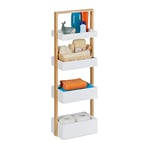 Relaxdays Etagère, 4 étages, en Bambou et MDF, pour Salle de Bain, Meuble étroit HlP 88x30x18 cm, Blanc/Nature, Fer, 1 unité