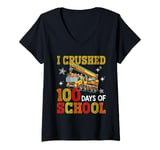 Womens I Crushed 100 Days Of School Crane Truck Students Kids Boys V-Neck T-Shirt