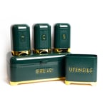 5pc Gift-Boxed Hunter Green Kitchen Storage Set with Tea, Coffee & Sugar Canisters, Utensil Store and Bread Bin