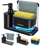 Bestseek Hand & Dish Soap Dispenser Set w/Tray, Dual Soap Dispenser w/Sponge Holder & Dishcloth Holder 5-in-1 Organizer Kitchen Sink Countertop Storage Organize - Useful Kitchen Gadgets (Black)