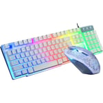 Rainbow LED Bakgrundsbelyst Gaming Tangentbord Mus Combo Ergonomiskt tangentbord + Gaming Mouse Game + Musmatta，vit