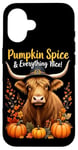 Coque pour iPhone 16 Thanksgiving, vache des Highlands, potiron, épices et tout ce qui est bon