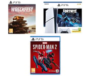 Sony PlayStation 5 Fortnite Cobalt Star Bundle (Model Group - Slim), Wreckfest & Marvel's Spider-Man 2, White