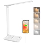 joyshie Lampe de Bureau LED, Pliable Lampe de Chevet Dimmable avec 5 Modes de Couleur et 5 Niveaux de Luminosité, Port de Charge USB, Pour Lecture Travail (Blanc)