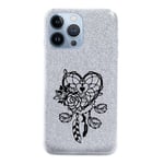 Coque Iphone 13 PRO paillettes argent dreamcatcher et coeur noir