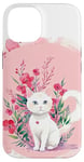 Coque pour iPhone 14 Chat blanc mignon, fond rose, art floral