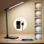 Aisutha Lampe de bureau LED à intensité variable - 5 couleurs et 10 niveaux de luminosité - Lampe de chevet - Port USB pour recharger le smartphone pour enfants - Noir - Classe énergétique G