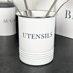 White Utensil Holder Tin Metal Grey Stencil Letters Kitchen Storage Pot Caddy