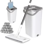 MASTERTOP Flat Mop and Buckets Sets, Hands Free Floor Mop Bucket with 10 Reusable Mop Pads, Wet and Dry Cleaning Bucket with 360 Rotating Mop Head, Floor Mops for Hard Wood Marble Tile Cleaning, White