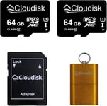 64Gb Micro Sd Card Pack De 2, Microsdxc Uhs - I Carte Flash Avec Adaptateur, Lecteur De Carte, C10, U3, Full Hd, 4K Ultra Hd, Carte Tf Haute Vitesse